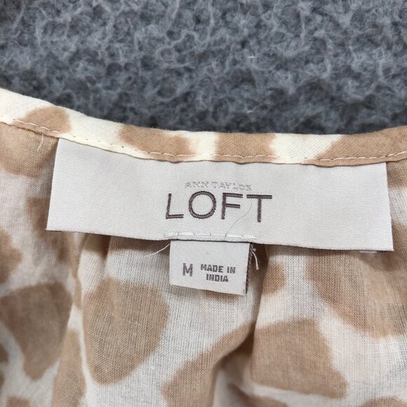 LOFT Top Womens Medium Beige Giraffe Print Ruffle Button Up Sleeveless Blouse - Picture 5 of 9